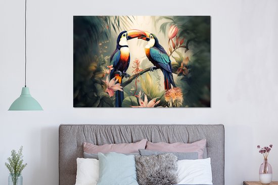 Wanddecoratie Metaal - Aluminium Schilderij Industrieel - Toekan - Vogels - Bloemen - Natuur - Jungle - 150x100 cm - Dibond - Foto op aluminium - Industriële muurdecoratie - Voor de woonkamer/slaapkamer