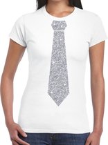 Wit fun t-shirt met stropdas in glitter zilver dames L