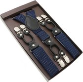 Luxe chique – heren bretels – donkerblauw stip wit - zwart leer - 6 extra stevige clips