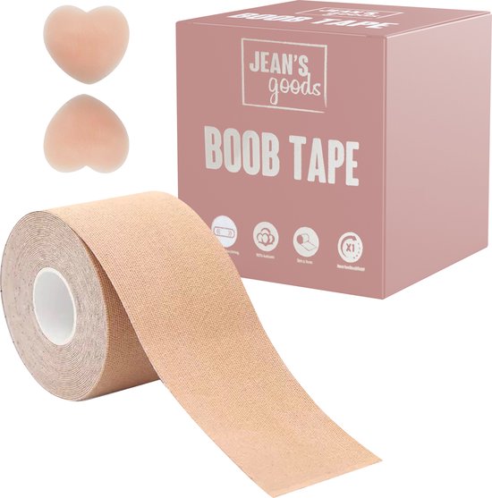 Jean's goods Boob Tape - Boobtape - BH tape - Fashion tape - Inclusief Herbruikbare Siliconen Nipple Covers - 5 Meter - Beige