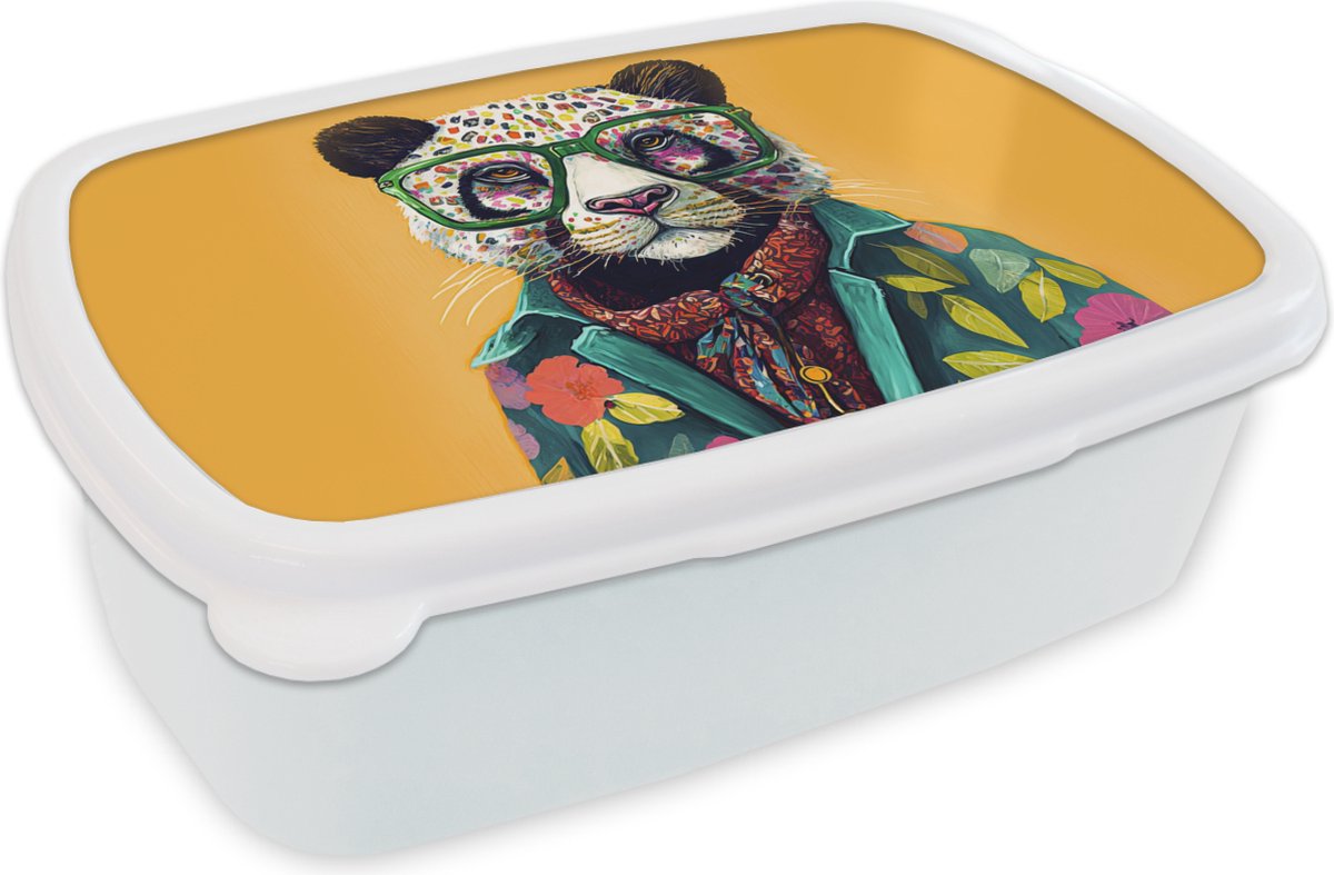 Broodtrommel Wit - Lunchbox - Brooddoos - Panda - Bril - Bloemen - Hippie - 18x12x6 cm - Volwassenen