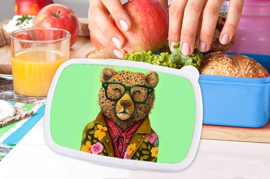 Lunch box Blauw - Lunch box - Boîte à pain - Ours - Couleurs - Verres - Animal - Fleurs - 18x12x6 cm - Enfants - Garçon