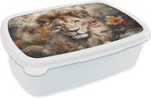 Broodtrommel Wit - Lunchbox - Brooddoos - Leeuw - Wilde dieren - Planten - Natuur - Bloemen - 18x12x6 cm - Volwassenen