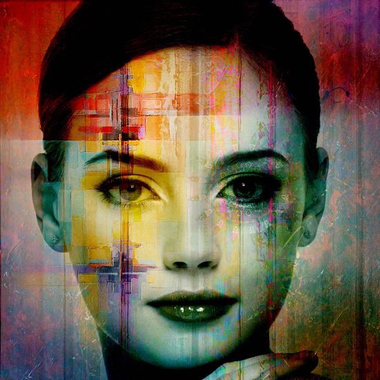 Dibond - Vrouw / Gezicht / Foto Art - Wit / zwart / rood / geel / groen - 120 x 120 cm
