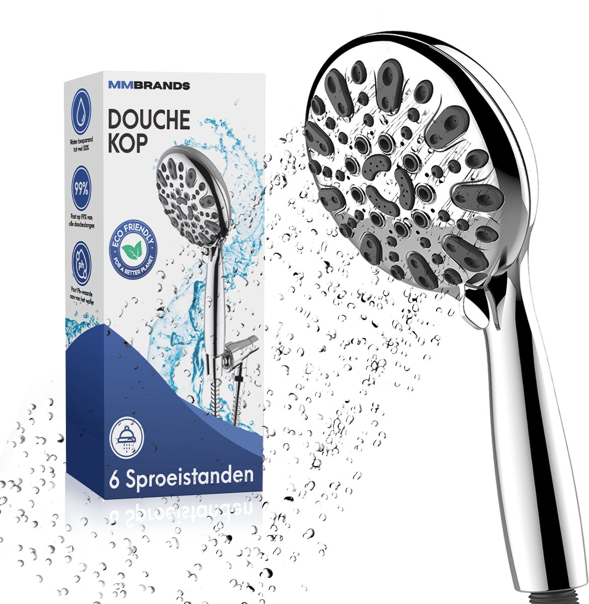 MM Brands Douchekop - Waterbesparende Douchekop - Handdouche met Hoge Druk - Regendouche - 6 standen - MM Brands