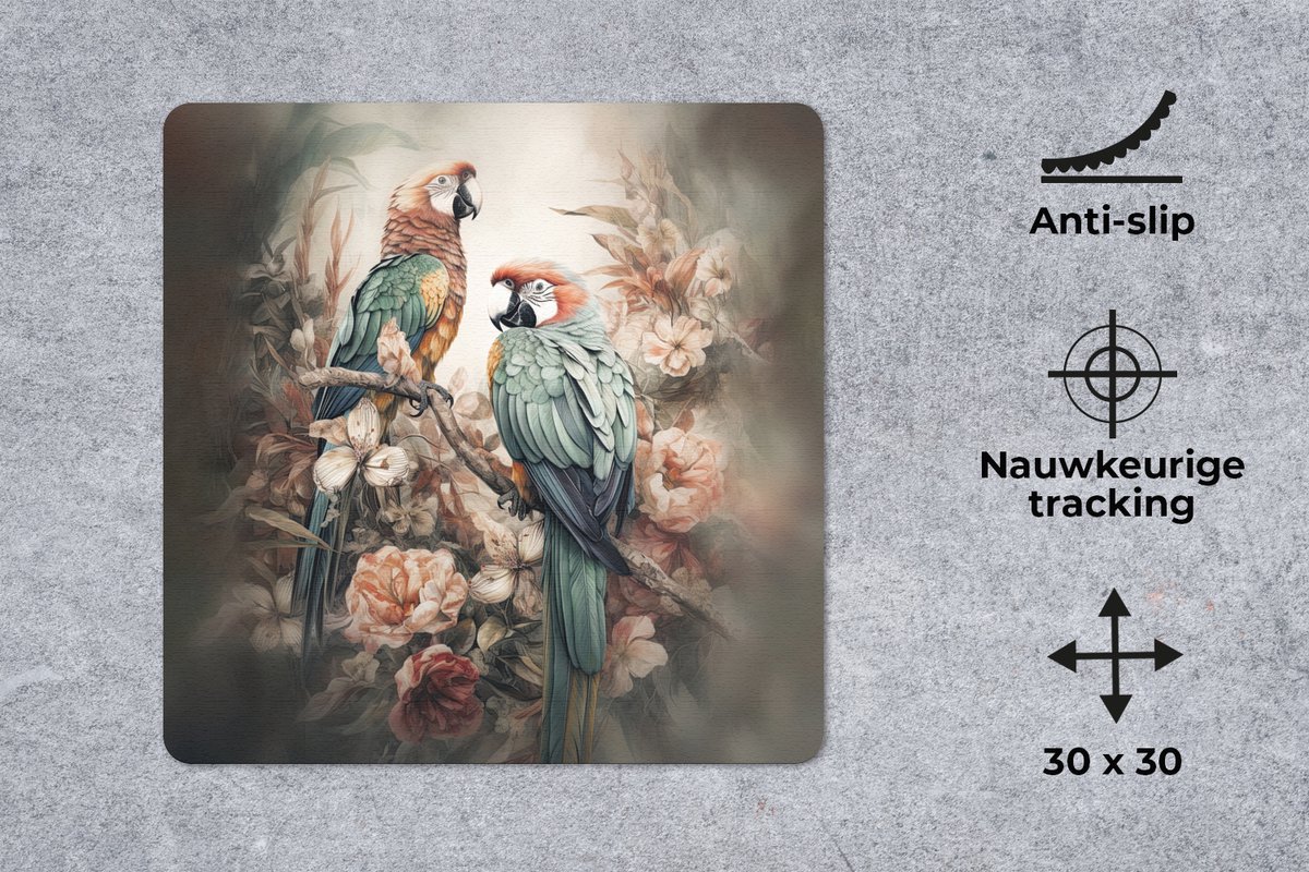 Muismat 30x30 cm - Mousepad Papegaaien - Vogels - Natuur - Bloemen - Muismatten