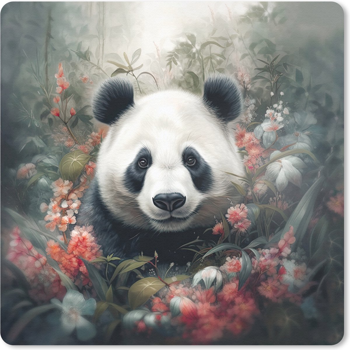Muismat 20x20 cm - Mousepad Panda - Wilde dieren - Bloemen - Natuur - Muismatten