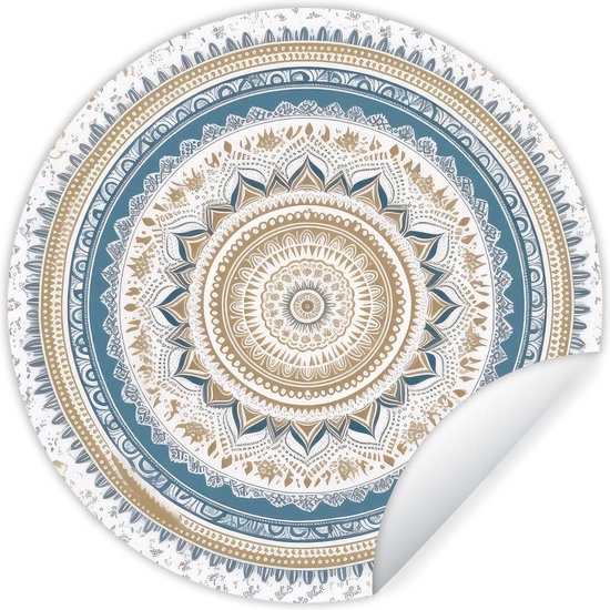 WallCircle - Muurstickers - Behangcirkel - Mandala - Blauw - Bohemian - Wit - Design - 30x30 cm - Muurcirkel - Zelfklevend - Ronde Behangsticker