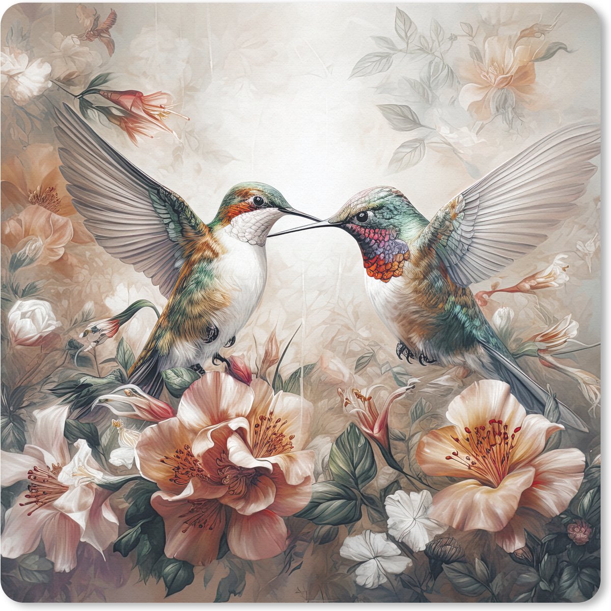 Muismat 30x30 cm - Mousepad Kolibrie - Vogels - Bloemen - Natuur - Muismatten