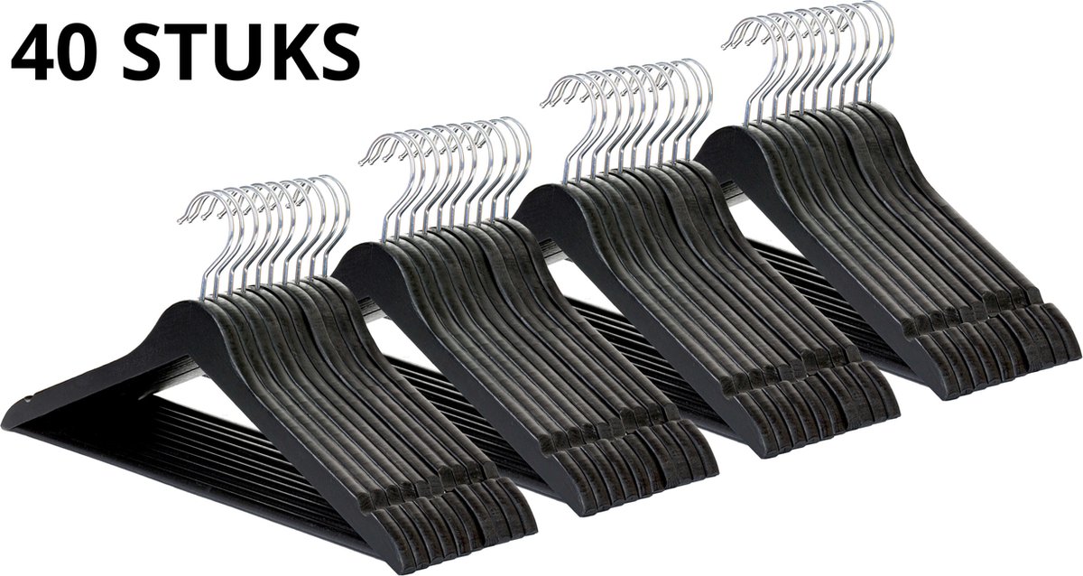 Wicotex-Kledinghanger – SET 40 stuks - houten-kleerhanger, met rok inkepingen en broekspijpen, draaibare haak, Dames en heren kleding - ZWART