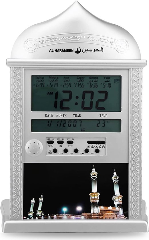 Azan Klok - Adhan Klok - Gebedsklok - Adhan Klok Islam - Eid Mubarak - Gebedskleed - LED Klok - 1150 Steden - Zilver