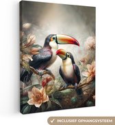 Canvas Schilderij Toekan - Vogels - Bloemen - Jungle - 90x120 cm - Wanddecoratie