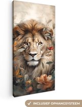 Tableau sur toile Lion - Toile - Décoration murale - Animaux sauvages - Plantes - Nature - Fleurs - 40x80 cm - Décoration murale - Tableau - Tableau sur toile - Peintures sur toile - Toile toile