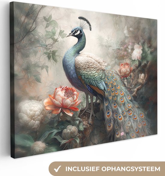 Canvas schilderij 40x30 cm - Pauw vogel - Kamer decoratie accessoires jungle - Schilderijen woonkamer bloemen - Wanddecoratie vogels slaapkamer - Muurdecoratie keuken - Wanddoek interieur binnen - Woondecoratie huis