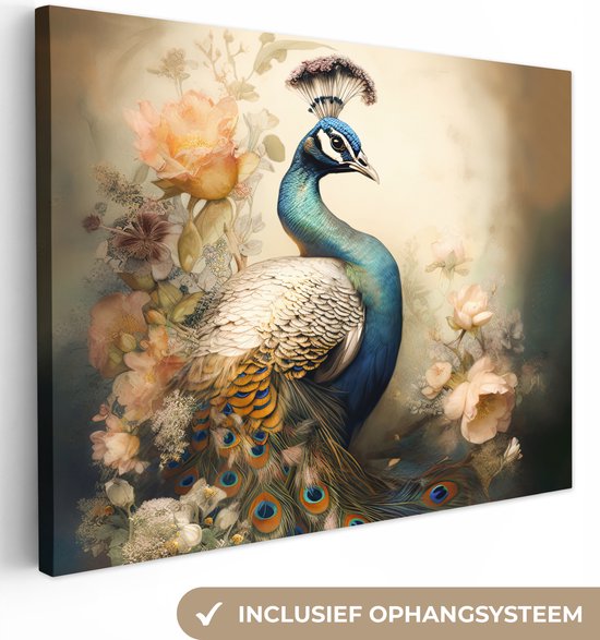Tableau sur toile Paon - Plumes de paon - Fleurs - Vogels - Botanique - 160x120 cm - Décoration murale XXL