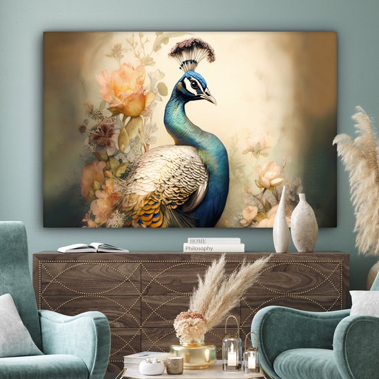 Tableau sur toile Paon - Plumes de paon - Fleurs - Vogels - Botanique - 180x120 cm - Décoration murale XXL
