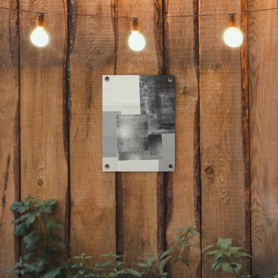 Tuinposter 30x40 cm - Tuindecoratie Abstract - Grijs - Zwart - Kubus - Poster voor in de tuin - Buiten decoratie - Schutting tuinschilderij - Tuindoek muurdecoratie - Wanddecoratie balkondoek