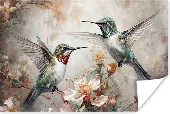 Poster Colibri - Vogels - Fleurs - Plantes - 180x120 cm XXL