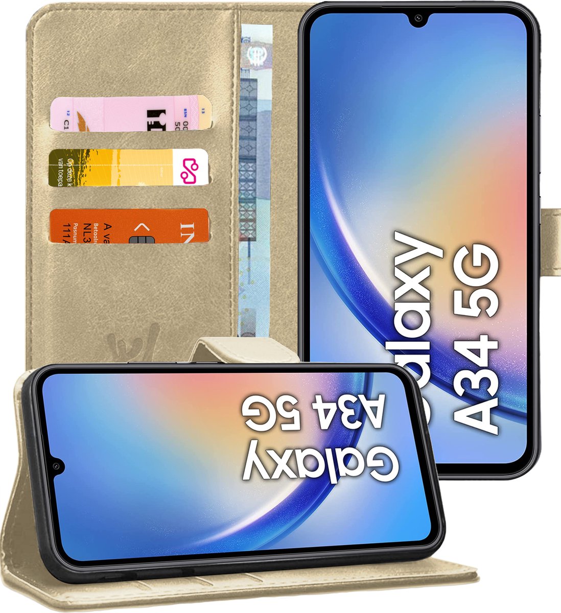 Hoesje geschikt voor Samsung Galaxy A34 - Book Case Kunstleer Pasjeshouder Goud