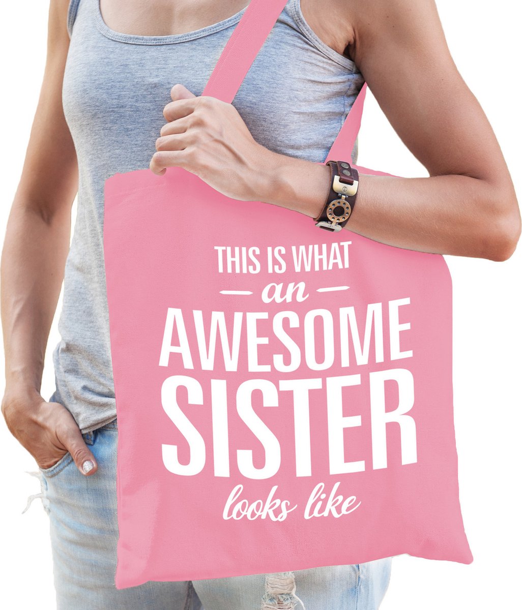 Bellatio Decorations cadeau tas voor zus - roze - katoen - 42 x 38 cm - awesome sister