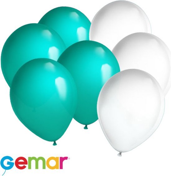 30 ballonnen Turquoise en Wit (Ook geschikt voor Helium)