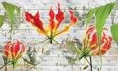 Fotobehang - Vlies Behang - Bloemen op Houten Planken - 312 x 219 cm