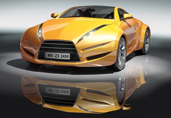 Gele sportwagen met kenteken 'MN ZX 2456' met een reflectie op de vloer.