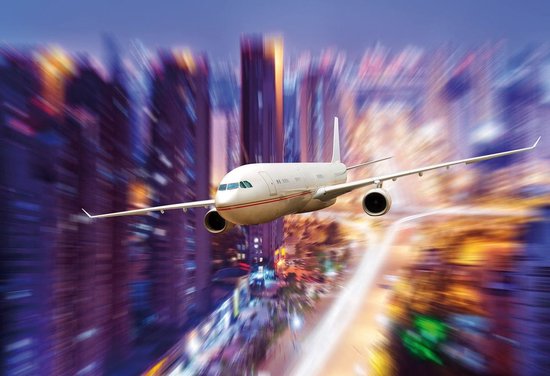 Foto: Fotobehang vlies behang vliegtuig boven de stad 3d 312 x 219 cm