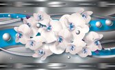 Fotobehang - Vlies Behang - Blauw en Zilver Bloemen Patroon - 312 x 219 cm