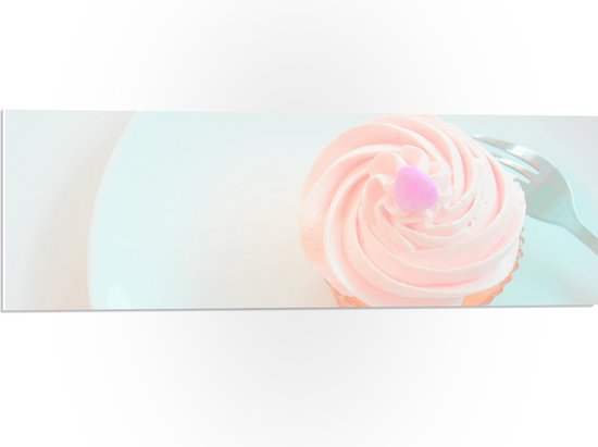 PVC Schuimplaat - Roze Cupcake op Bordje met Vork - 90x30 cm Foto op PVC Schuimplaat (Met Ophangsysteem)