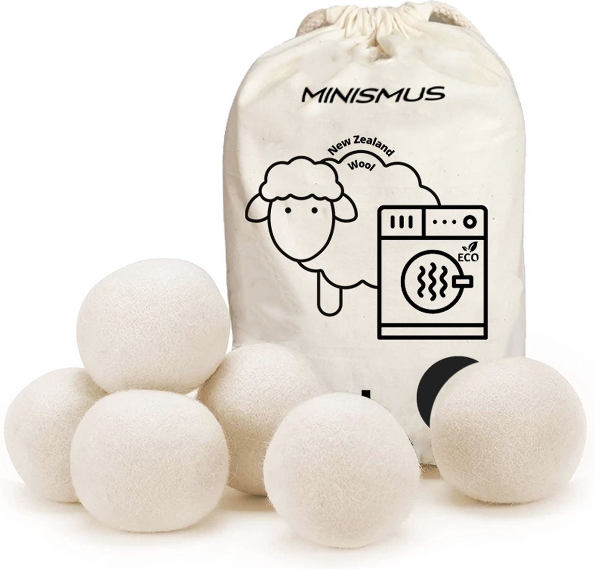 Minismus XL Drogerballen set van 6 – ⌀ 7 cm Wasverzachtende Herbruikbare Droogballen van Schapenwol – Inclusief opbergzak – Duurzame Energie Besparende Wasbollen