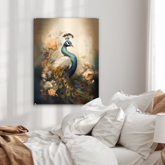 MuchoWow® Peinture sur verre - Paon - Plumes de paon - Fleurs - Vogels - Botanique - 60x80 cm - Peintures sur verre acrylique - Photo sur Glas