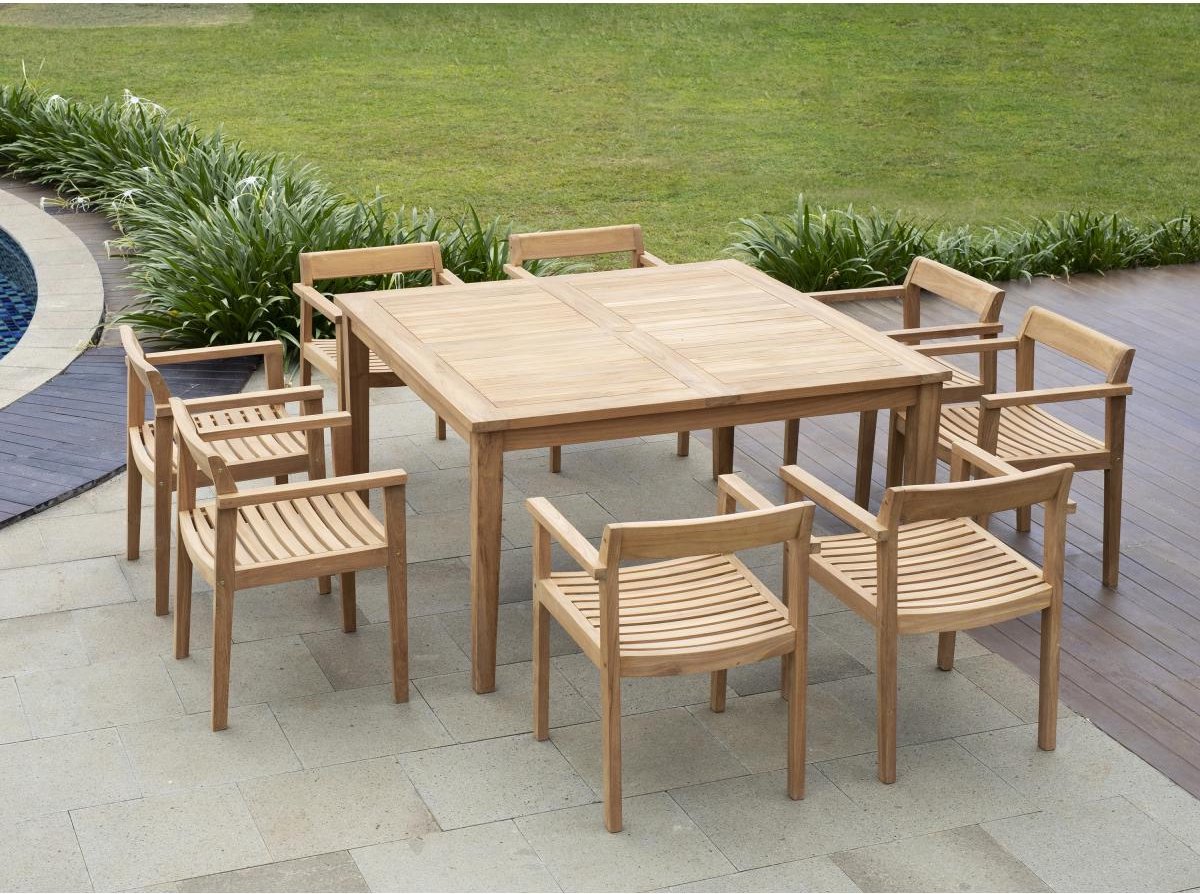 MYLIA Tuineethoek van teakhout: 1 vierkante tafel + 8 fauteuils - Licht naturel - ALLENDE L 144 cm x H 77 cm x D 144 cm