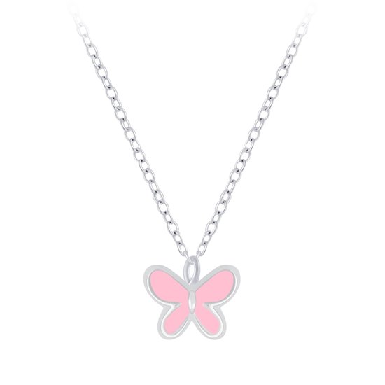 Joy|S - Zilveren petit vlinder hanger met ketting - 36 cm + 5 cm extension - roze