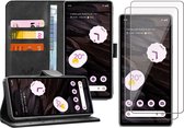 Hoesje geschikt voor Google Pixel 7a - 2x Screen Protector GlassGuard - Book Case Leer Pasjeshouder Zwart & Screenprotector