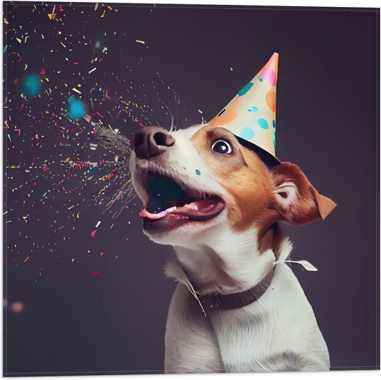 Vlag - Jarige Hond met Feesthoed en Confetti - 50x50 cm Foto op Polyester Vlag