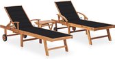 vidaXL Chaises longues 2 pcs avec table et coussins Bois de teck massif