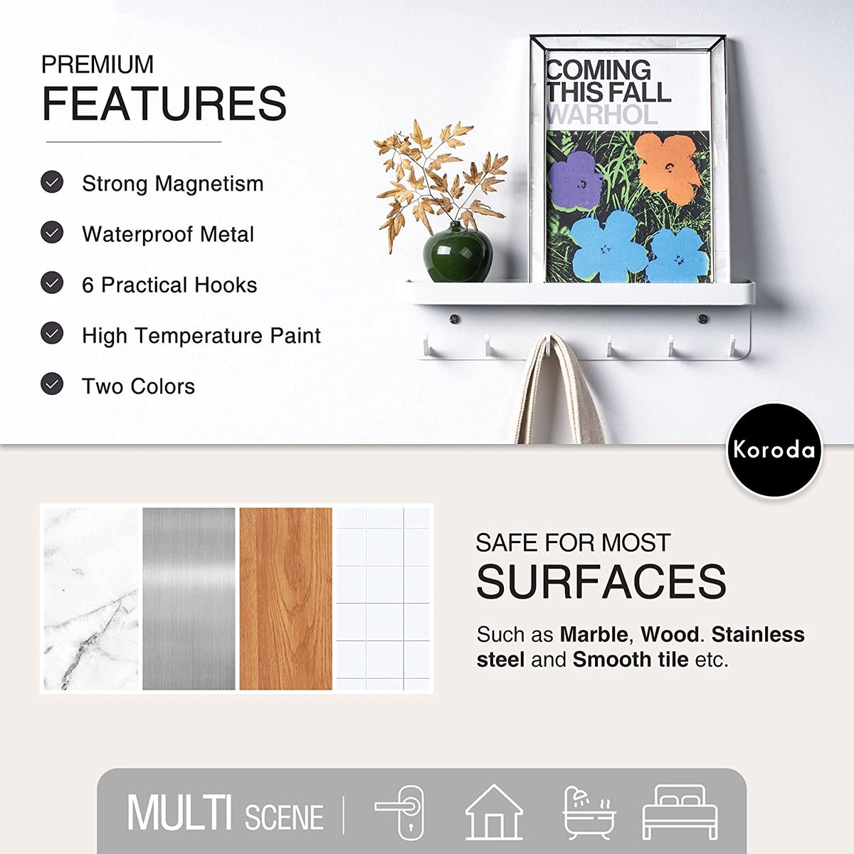 Kazai. Sleutelkastje 'Kian' | Minimalistisch Sleutelhaak-Design uit Berlijn | Moderne Sleutelhouder Muur met Metalen Plankje | Sleutelrek als Gangmeubel voor aan de Wand | Wit