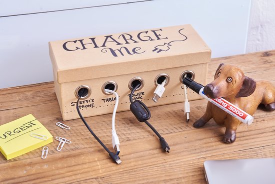 Een kartonnen doos met 'CHARGE Me' erop, met kabels en een dachshund beeldje met een Edding marker.