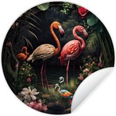 Behangcirkel - Jungle - Bloemen - Planten - Flamingo - Tropisch - Zelfklevend behang - Slaapkamer decoratie - Rond behang - Behangsticker - Muurdecoratie rond - Ronde wanddecoratie - 50x50 cm - Cirkel behang - Muurcirkel - Wandcirkel