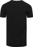 De achterkant van een effen zwart V-hals T-shirt met korte mouwen.