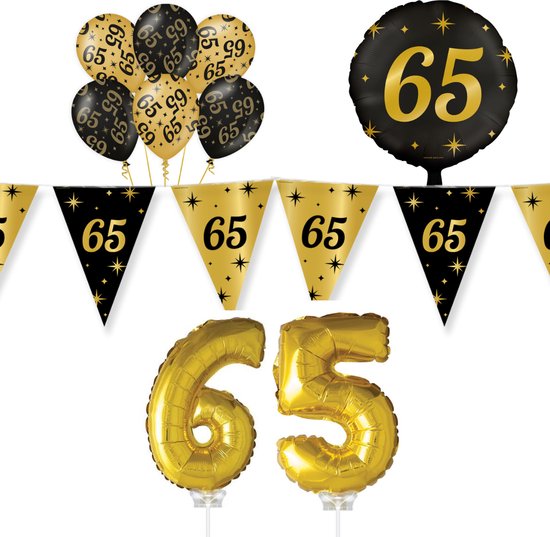 Verjaardag Versiering 65 jaar Pakket - Zwart en Goud - Ballonnen Happy