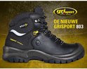 Zwarte Grisport 803 hoge werkschoen, met logo en tekst 'DE NIEUWE GRISPORT 803'.