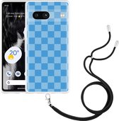 Cazy Hoesje met koord geschikt voor Google Pixel 7a Blauw Dambordpatroon