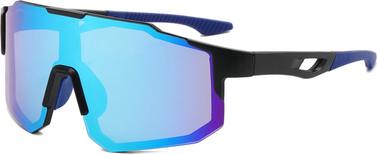 Sport Zonnebril - Fietsbril - Sportbril - Zwart Blauw - Blauw Spiegel - Gepolariseerd - 