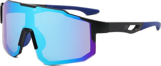 Sport Zonnebril - Fietsbril - Sportbril - Zwart Blauw - Blauw Spiegel - Gepolariseerd