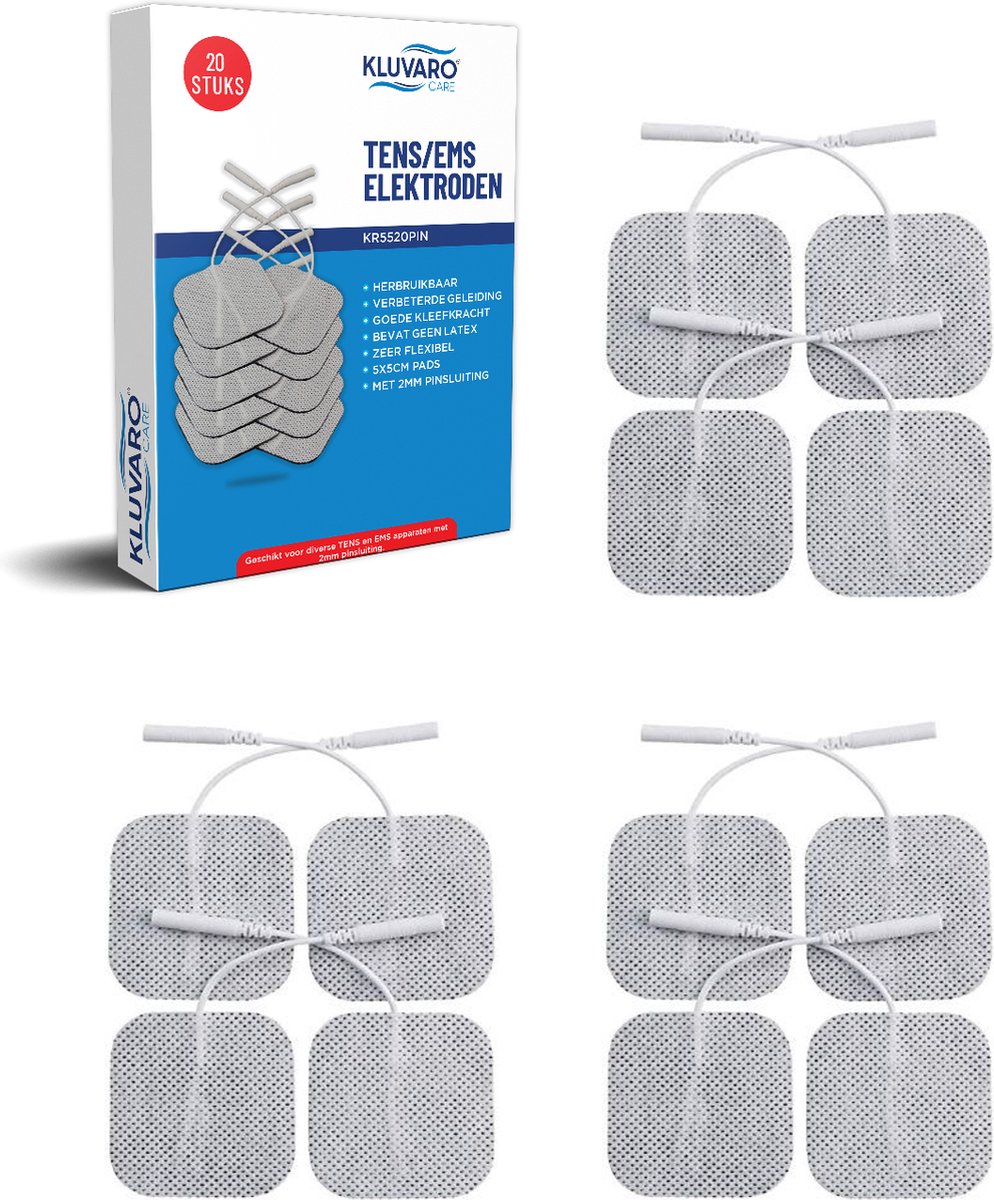Kluvaro TENS/EMS Elektroden Pads - voor Elektrodentherapie apparaat - 2mm Pinsluiting - Extra Kleefkracht - Herbruikbaar - 5x5 cm - 20 stuks - Kluvaro