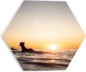 PVC Schuimplaat Hexagon - Zee - Zonsondergang - Surfplank - Surfers - Hobby - 30x26.1 cm Foto op Hexagon (Met Ophangsysteem)