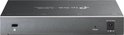 Achterkant van een zwarte TP-Link 8-poorts Gigabit Switch met stroomingang en "Reset"-knop.