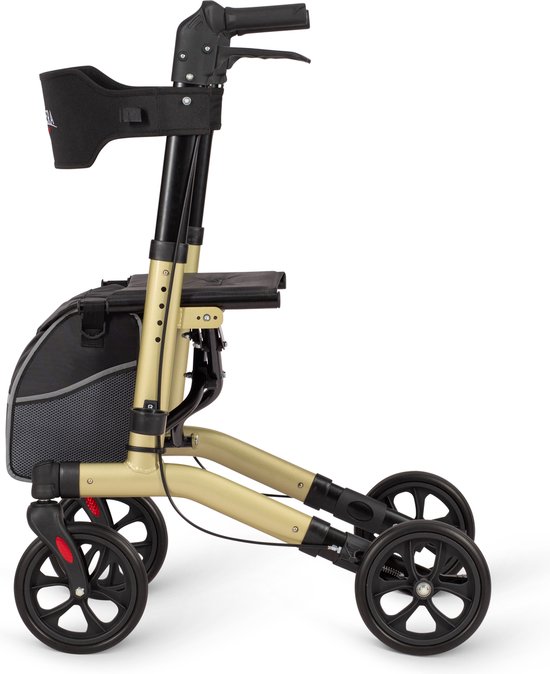 Champagnekleurige rollator met zwarte zitting en tas, zij-aanzicht
